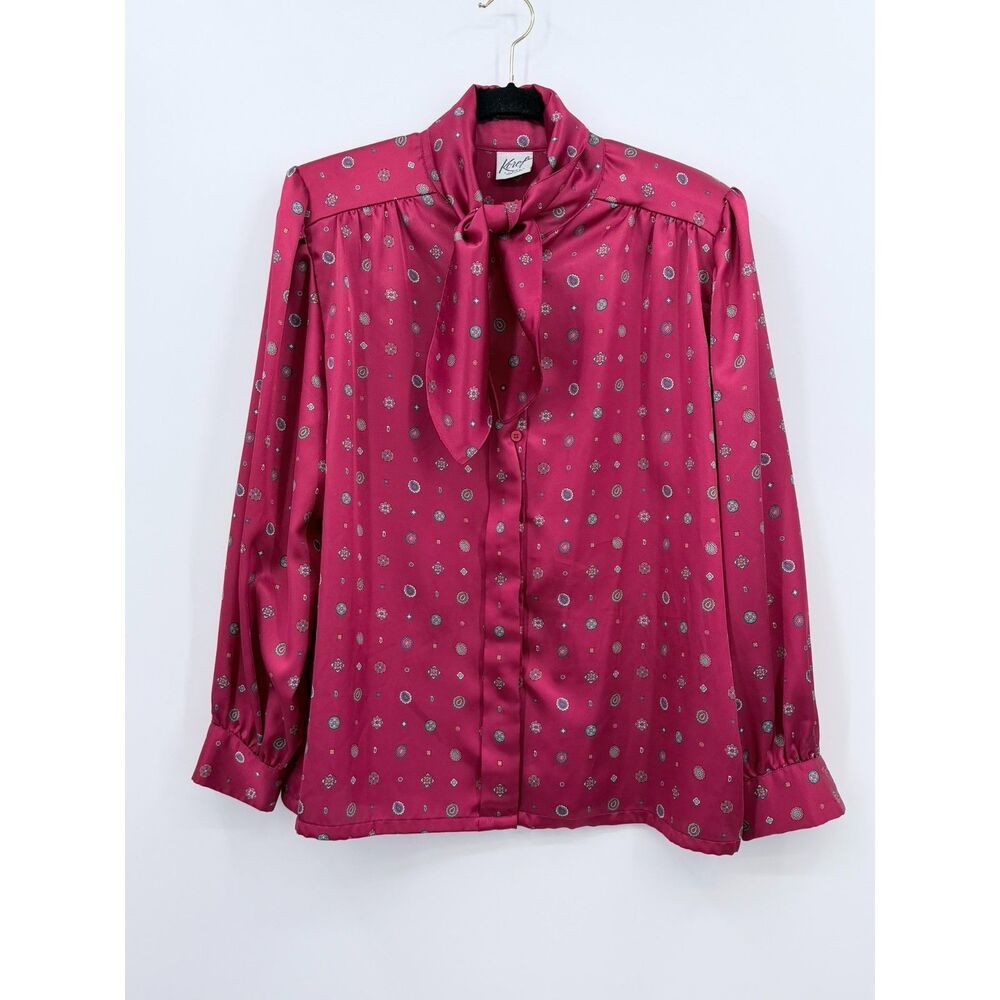 Vtg Koret Women Satin Tie Neck XL Maroon All Over Pattern Blouse Tie Secretary